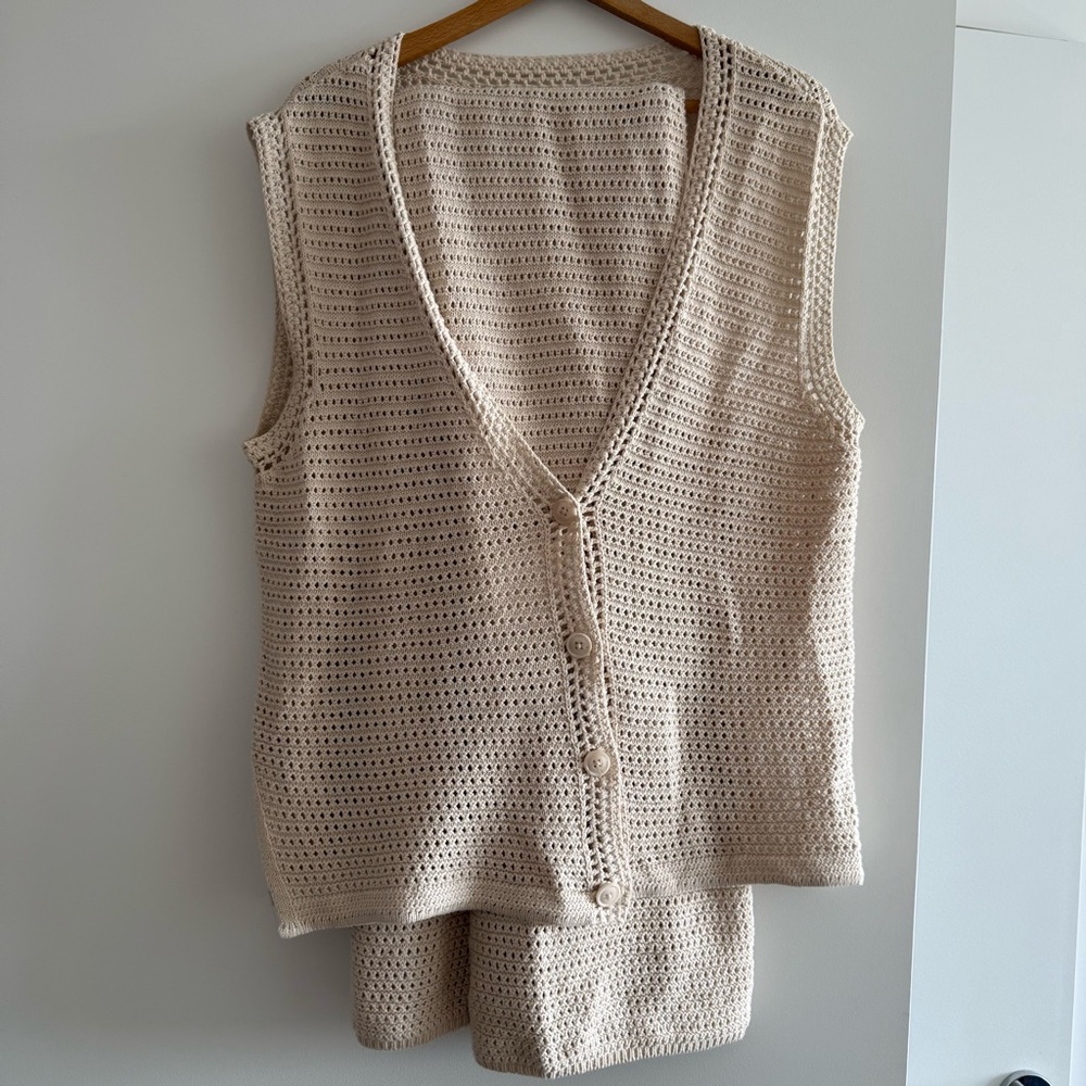 Cotton Cream Crochet Vest and Pants Set